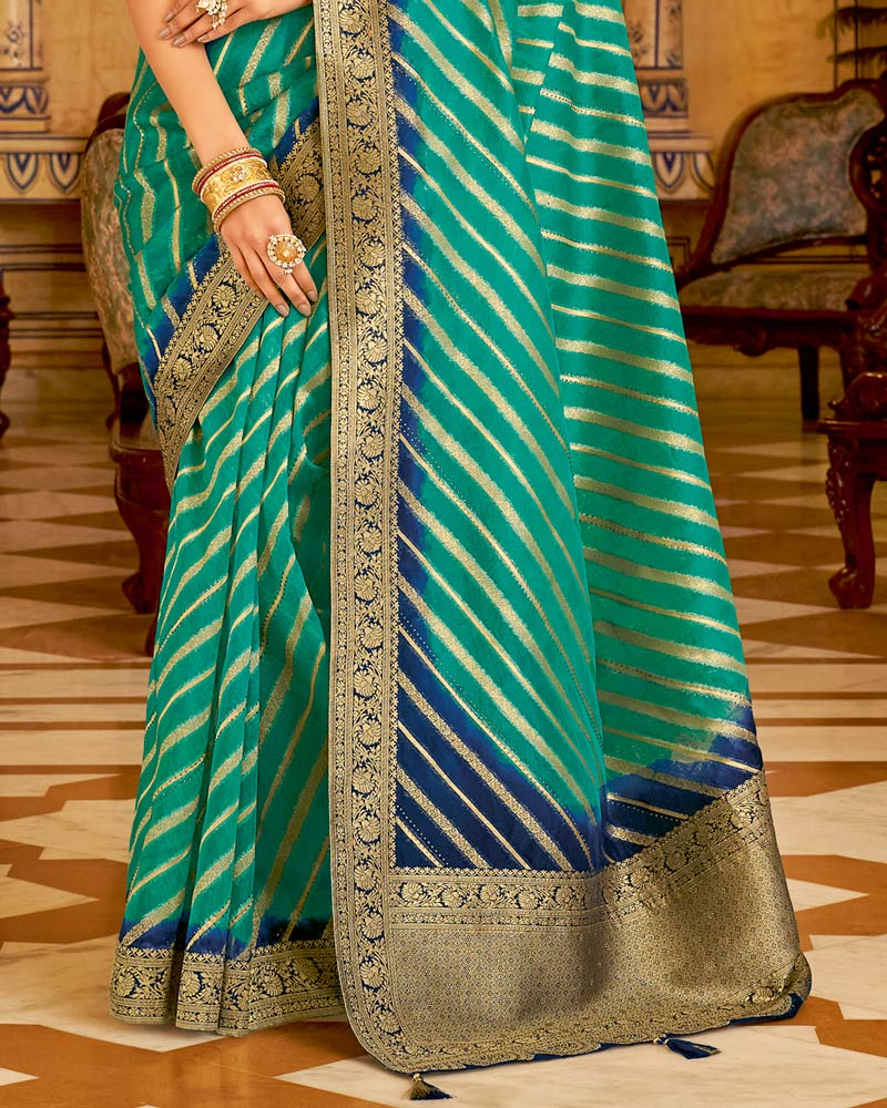 Vishal Prints Dark Turquoise Blue Tissue Weaving Saree With Stone Work And Tassel