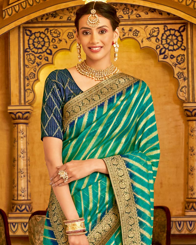 Vishal Prints Dark Turquoise Blue Tissue Weaving Saree With Stone Work And Tassel