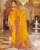 Vishal Prints Dark Yellow Tissue Weaving Saree With Stone Work And Tassel