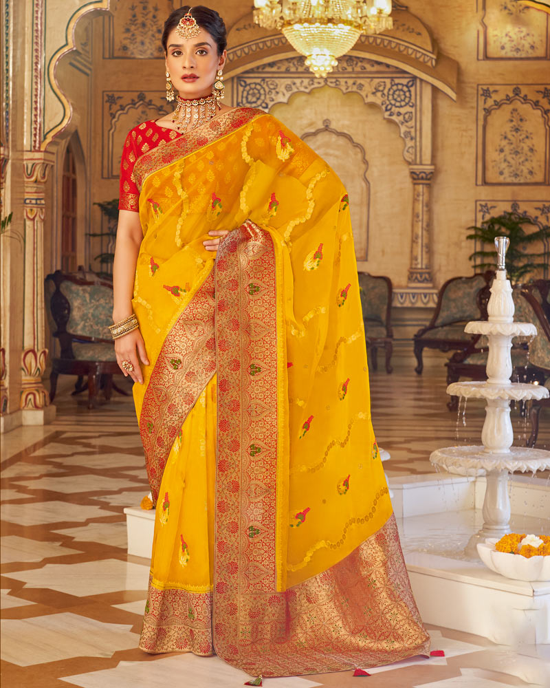 Vishal Prints Dark Yellow Tissue Weaving Saree With Stone Work And Tassel