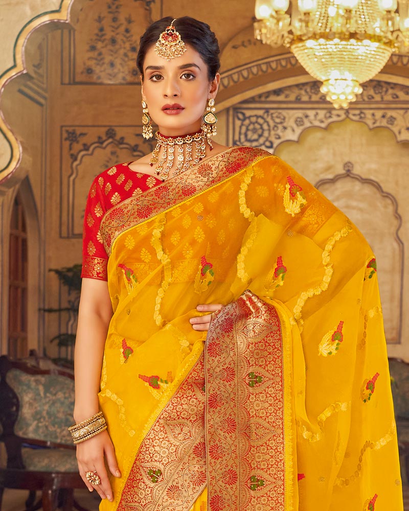 Vishal Prints Dark Yellow Tissue Weaving Saree With Stone Work And Tassel