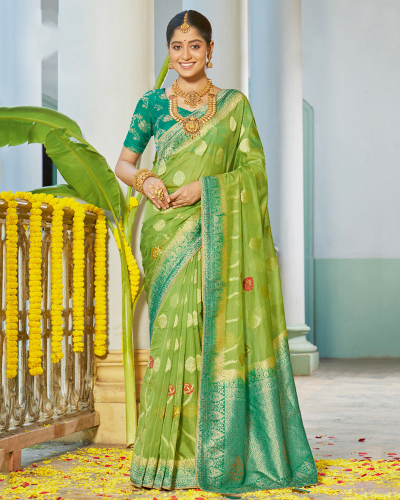 Vishal Prints Pastel Green Organza Zari Weaving Saree With Diamond Work And Tassel