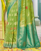Vishal Prints Pastel Green Organza Zari Weaving Saree With Diamond Work And Tassel
