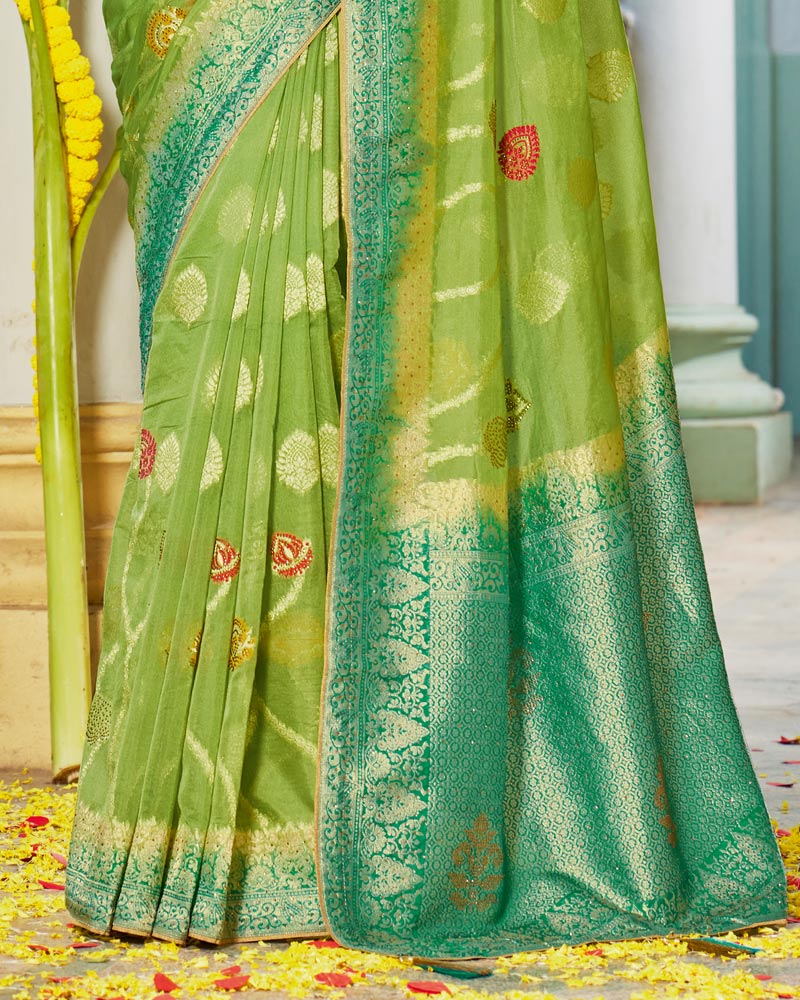 Vishal Prints Pastel Green Organza Zari Weaving Saree With Diamond Work And Tassel