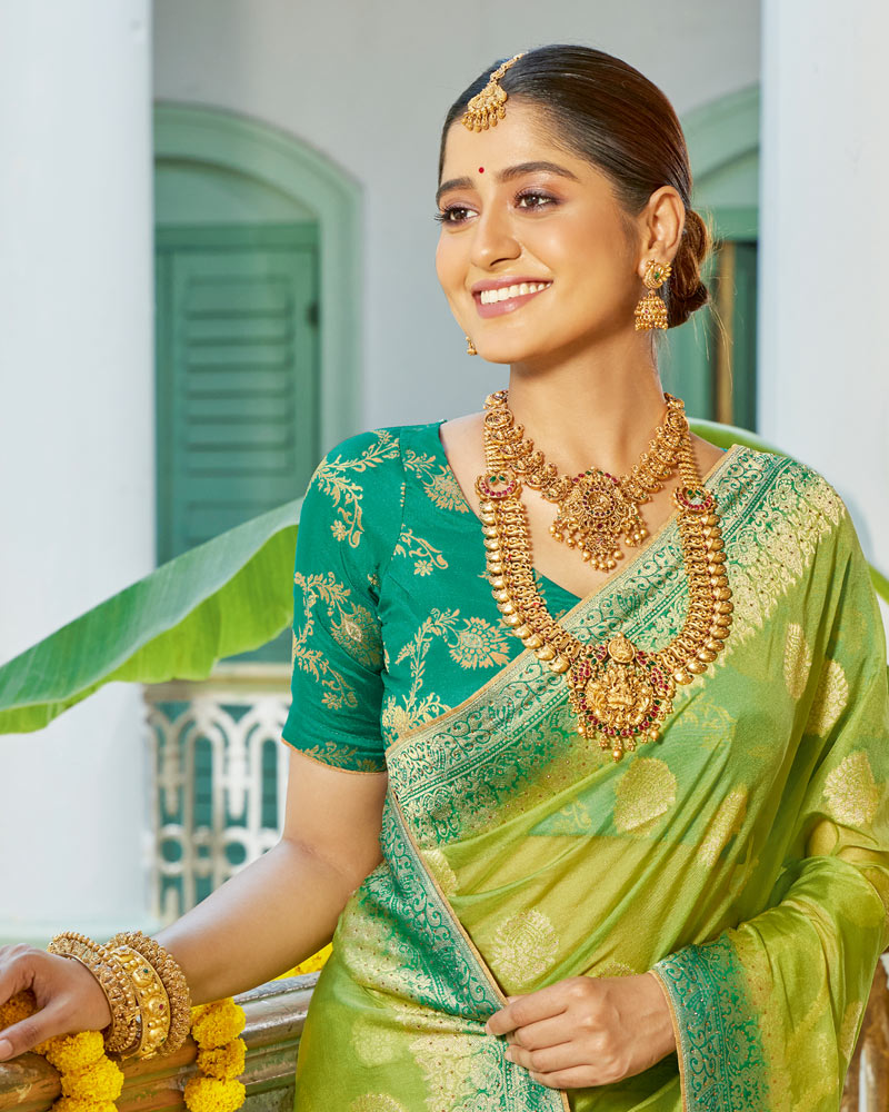 Vishal Prints Pastel Green Organza Zari Weaving Saree With Diamond Work And Tassel