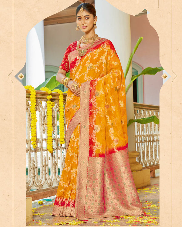 Vishal Prints Yellowish Orange Organza Zari Weaving Saree With Diamond Work And Tassel