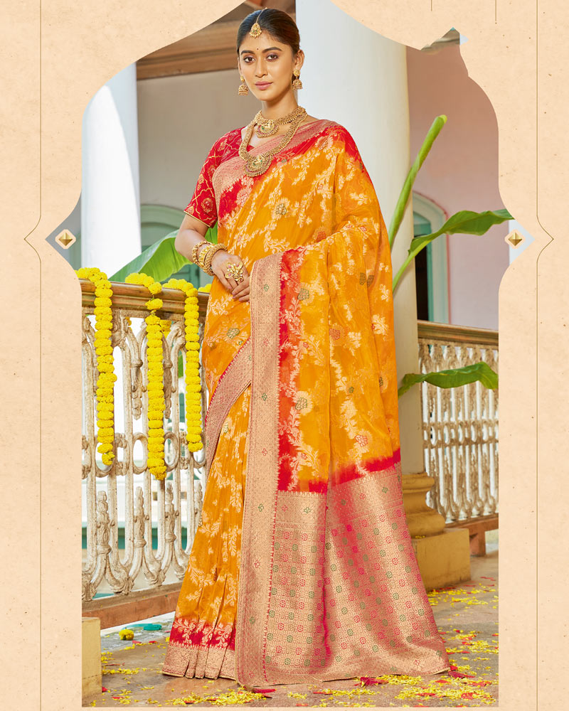 Vishal Prints Yellowish Orange Organza Zari Weaving Saree With Diamond Work And Tassel