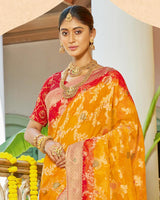 Vishal Prints Yellowish Orange Organza Zari Weaving Saree With Diamond Work And Tassel