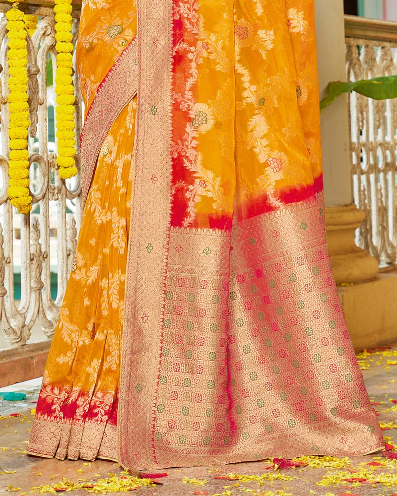 Vishal Prints Yellowish Orange Organza Zari Weaving Saree With Diamond Work And Tassel