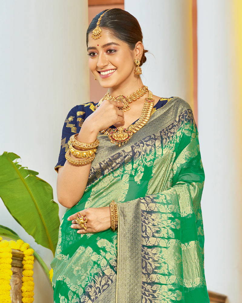 Vishal Prints Jade Green Organza Zari Weaving Saree With Diamond Work And Tassel