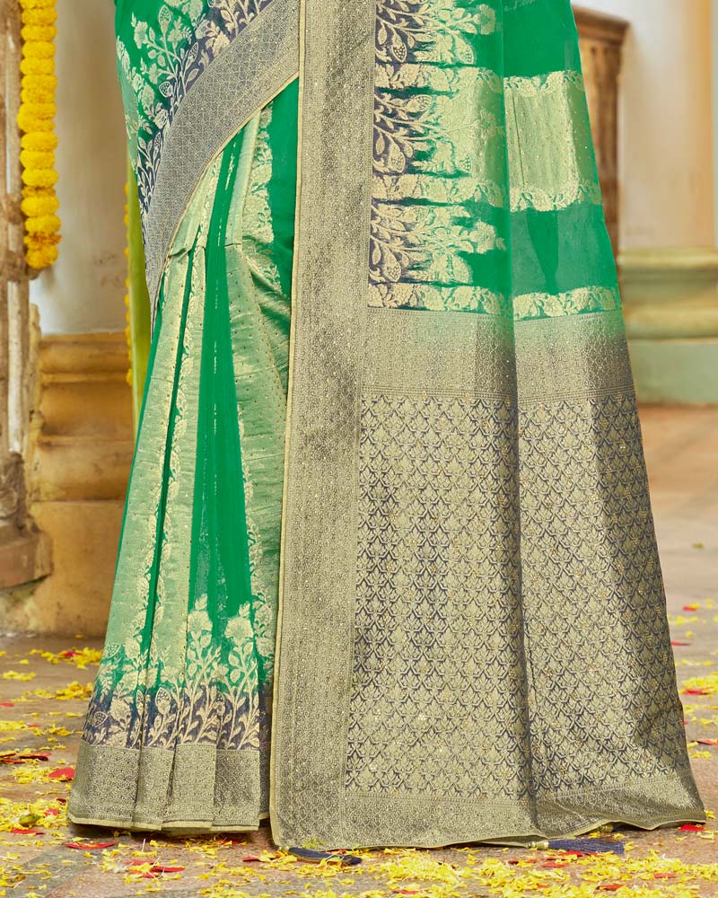 Vishal Prints Jade Green Organza Zari Weaving Saree With Diamond Work And Tassel