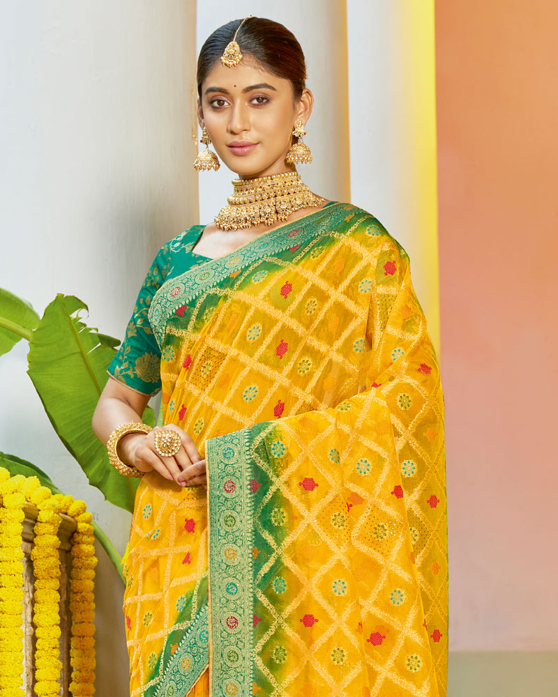Vishal Prints Golden Yellow Organza Zari Weaving Saree With Diamond Work And Tassel