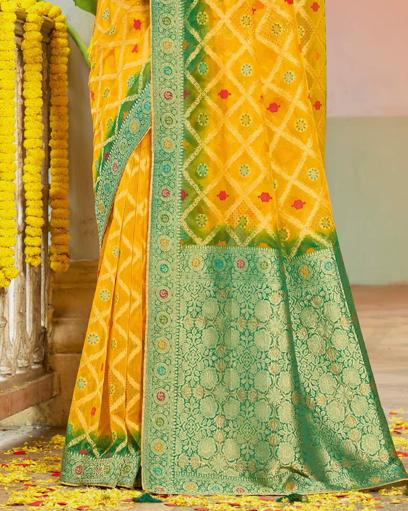 Vishal Prints Golden Yellow Organza Zari Weaving Saree With Diamond Work And Tassel