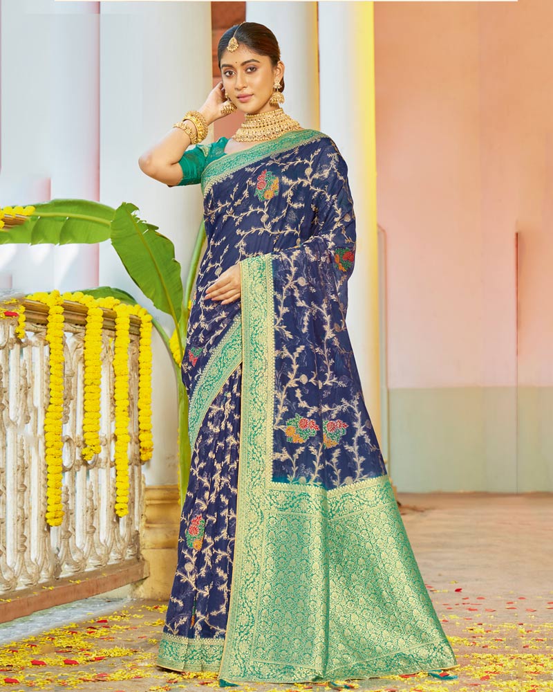 Vishal Prints Navy Blue Organza Zari Weaving Saree With Diamond Work And Tassel