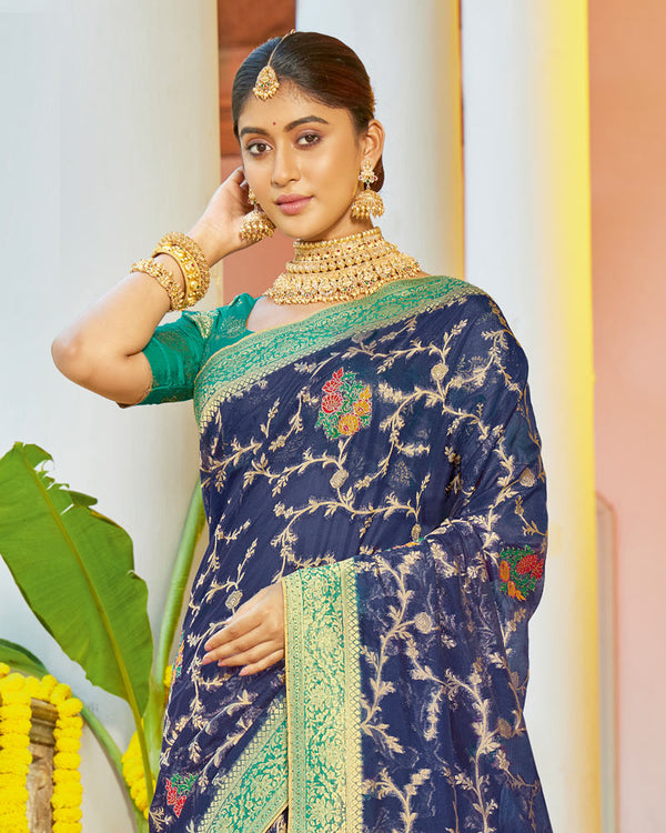Vishal Prints Navy Blue Organza Zari Weaving Saree With Diamond Work And Tassel