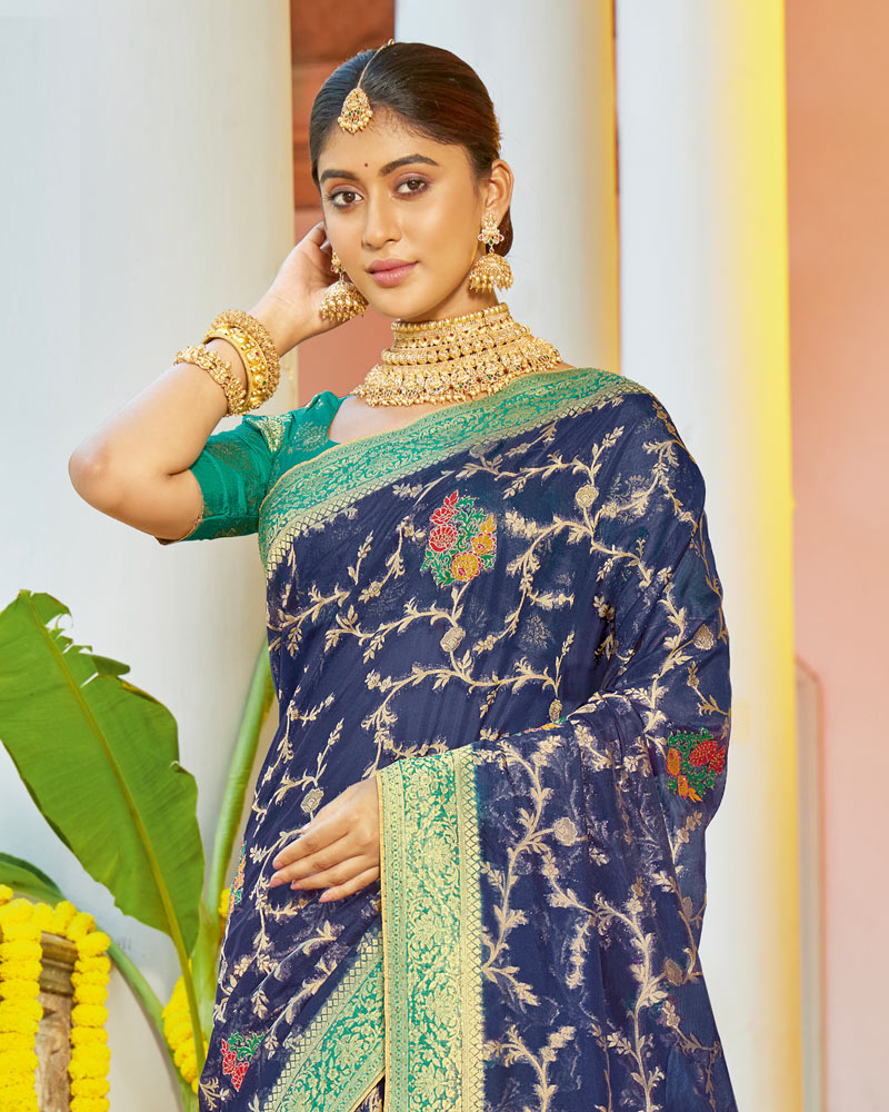 Vishal Prints Navy Blue Organza Zari Weaving Saree With Diamond Work And Tassel