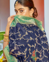 Vishal Prints Navy Blue Organza Zari Weaving Saree With Diamond Work And Tassel