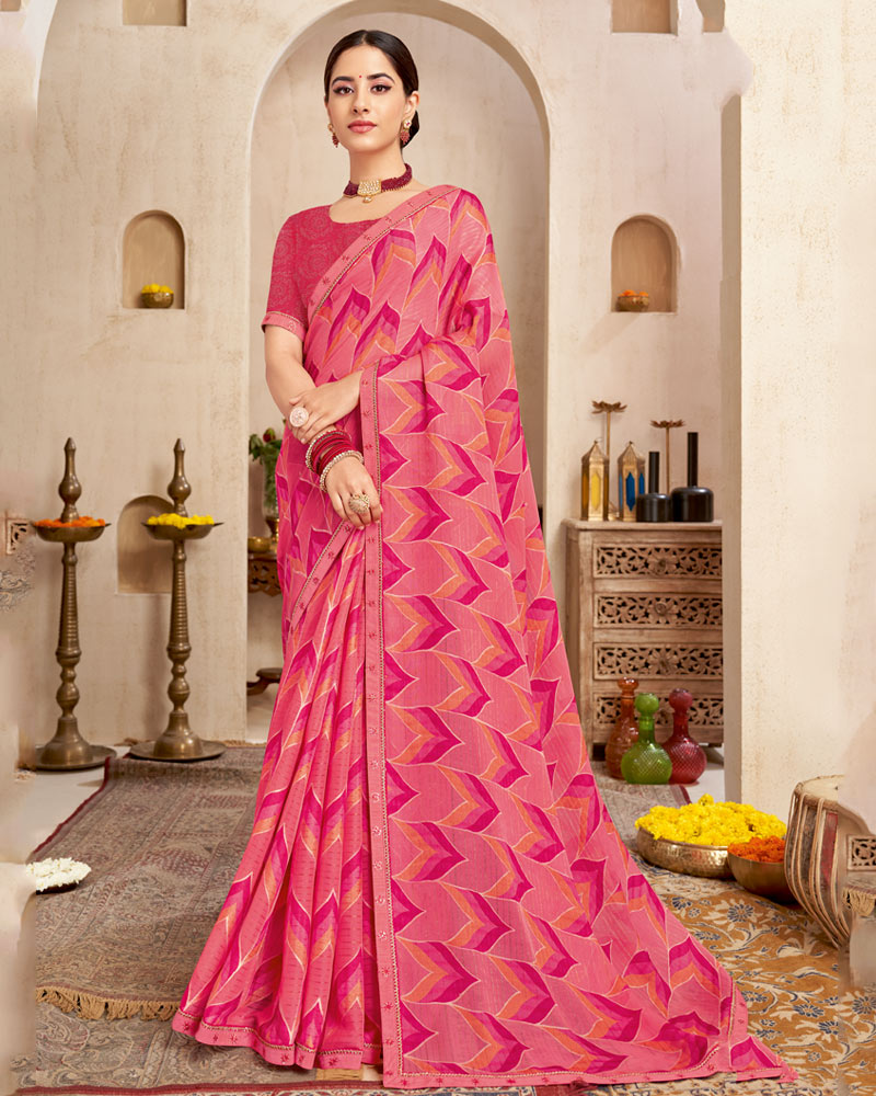 Vishal Prints Rosy Pink Printed Brasso Saree With Fancy Border