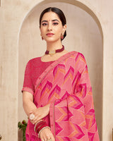 Vishal Prints Rosy Pink Printed Brasso Saree With Fancy Border