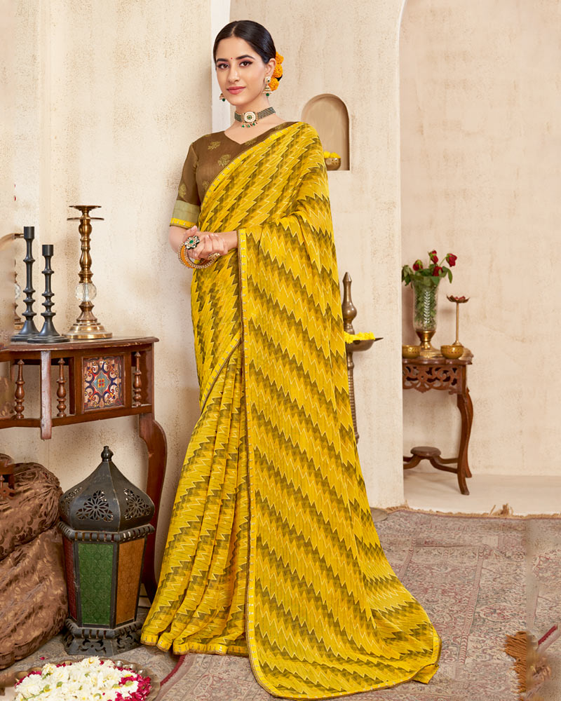 Vishal Prints Dark Yellow Printed Brasso Saree With Fancy Border