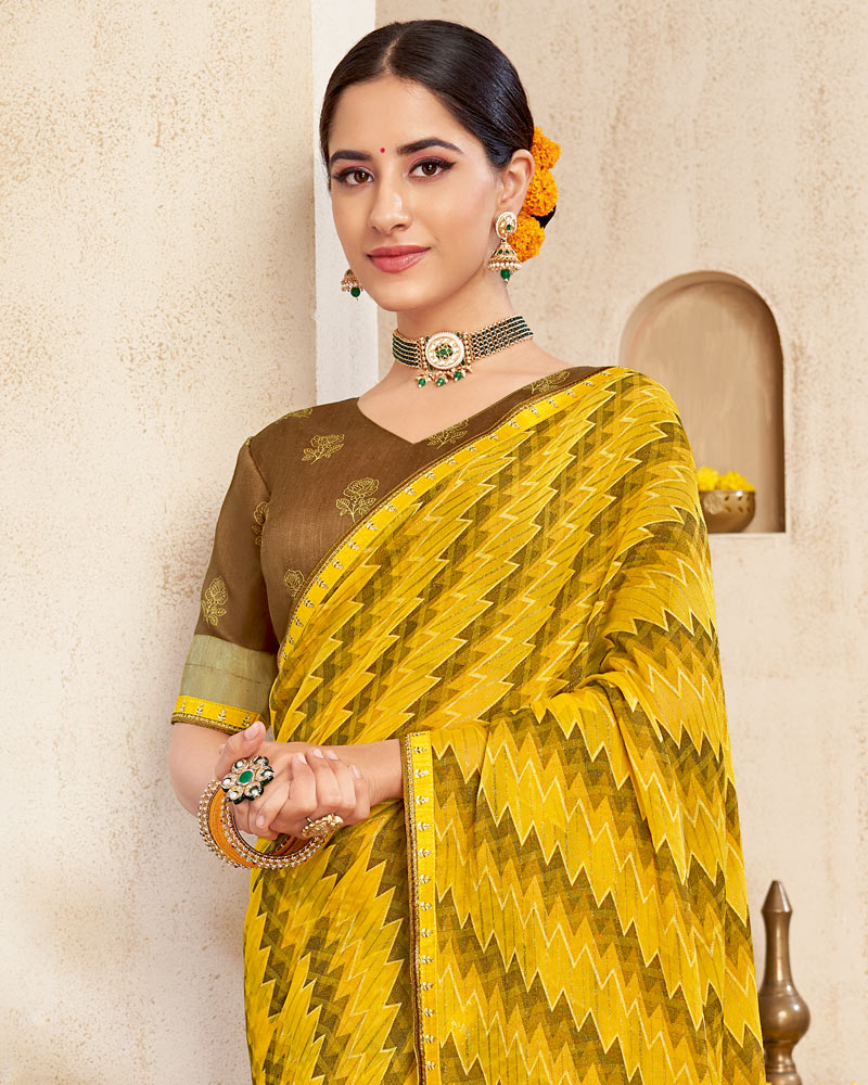 Vishal Prints Dark Yellow Printed Brasso Saree With Fancy Border