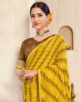 Vishal Prints Dark Yellow Printed Brasso Saree With Fancy Border