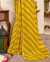 Vishal Prints Dark Yellow Printed Brasso Saree With Fancy Border