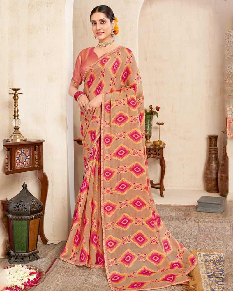 Vishal Prints Persian Orange Printed Brasso Saree With Fancy Border
