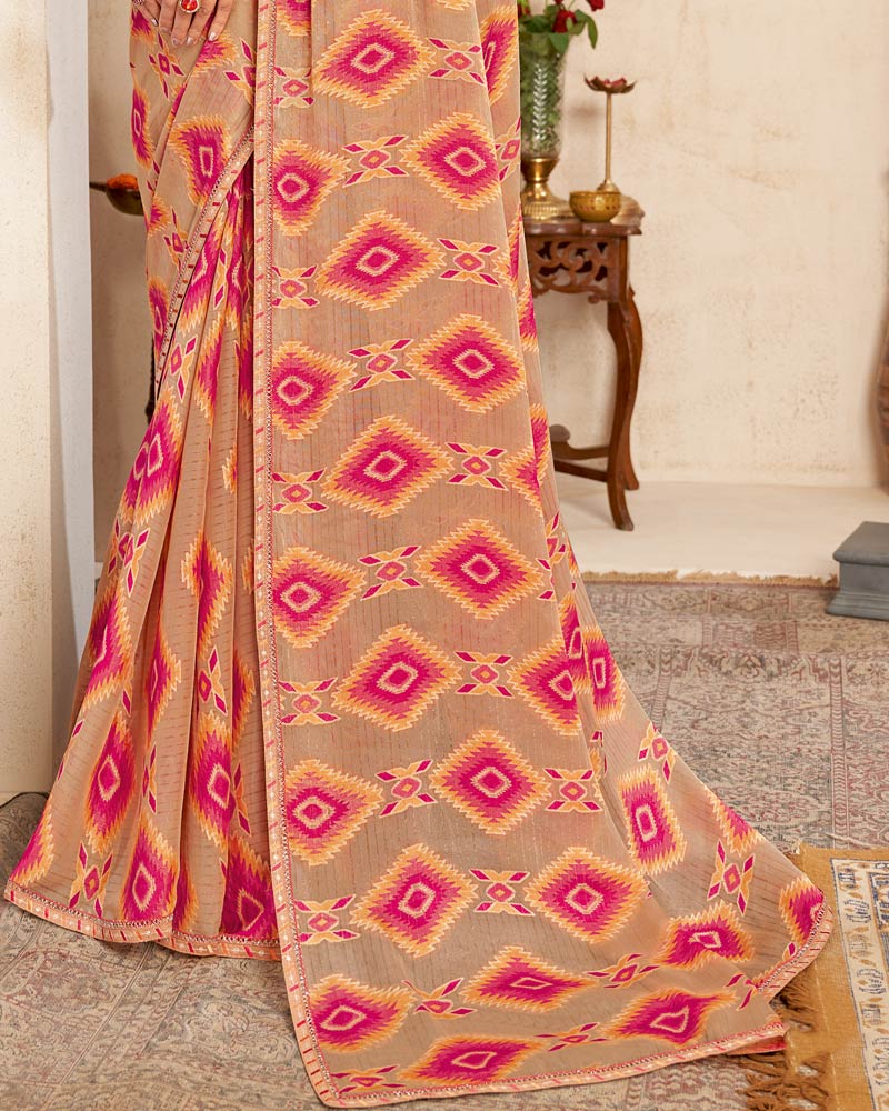 Vishal Prints Persian Orange Printed Brasso Saree With Fancy Border