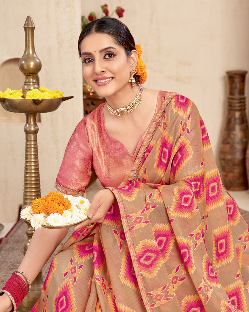 Vishal Prints Persian Orange Printed Brasso Saree With Fancy Border