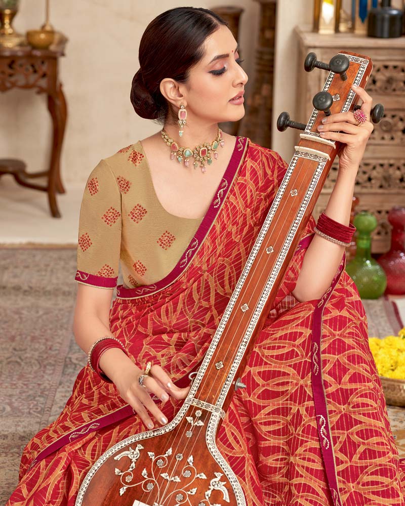 Vishal Prints Shiraz Red Printed Brasso Saree With Fancy Border