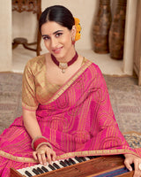 Vishal Prints Dark Hot Pink Printed Brasso Saree With Fancy Border