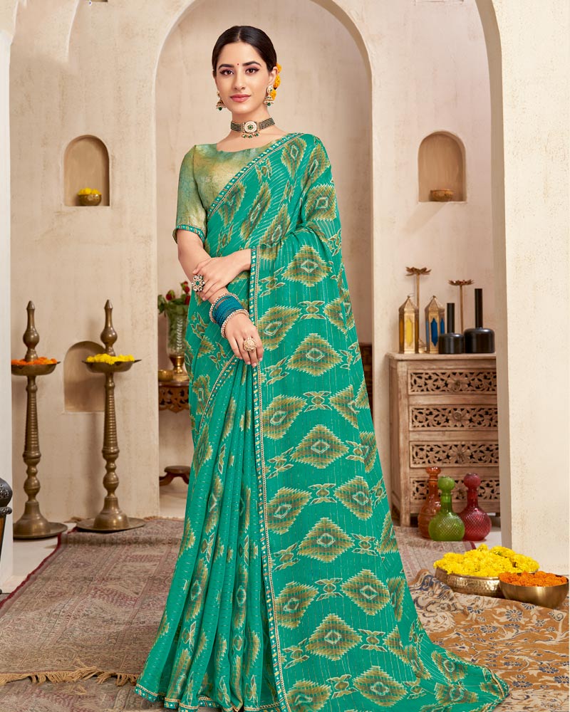Vishal Prints Teal Green Printed Brasso Saree With Fancy Border