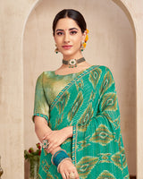 Vishal Prints Teal Green Printed Brasso Saree With Fancy Border
