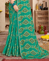 Vishal Prints Teal Green Printed Brasso Saree With Fancy Border