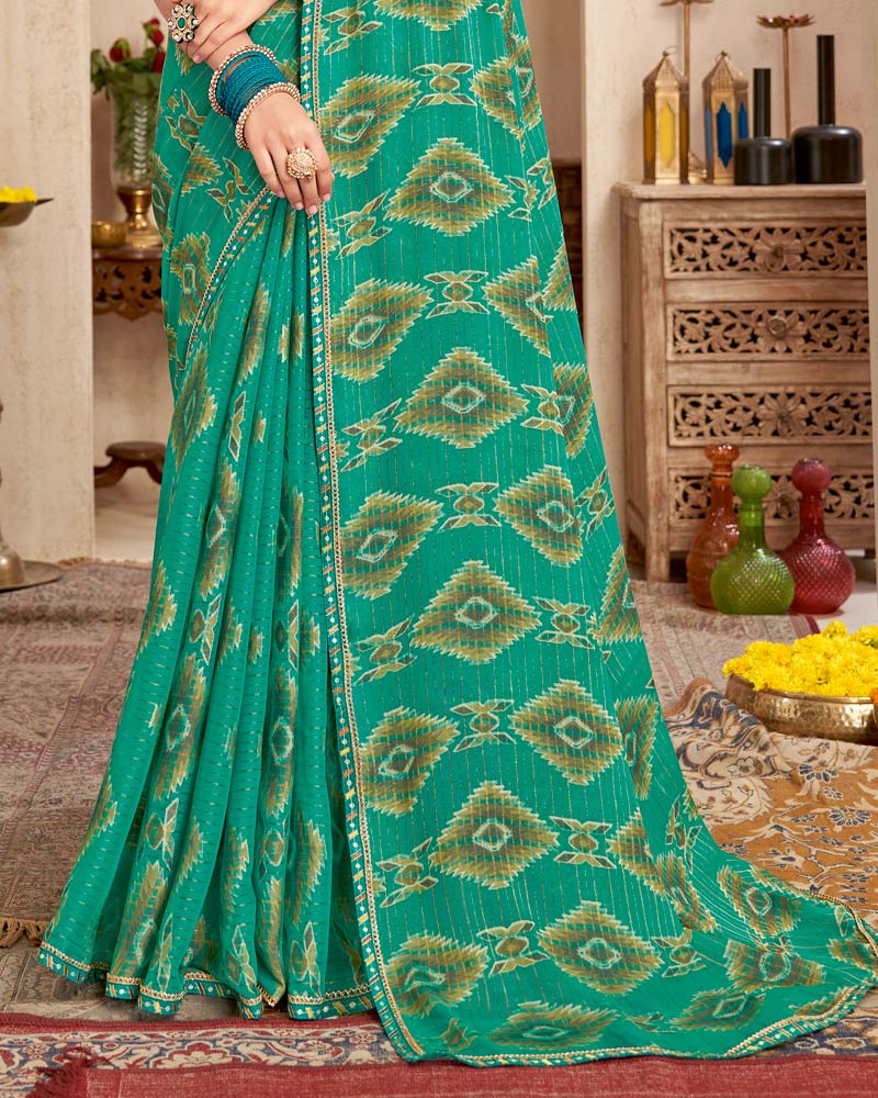 Vishal Prints Teal Green Printed Brasso Saree With Fancy Border