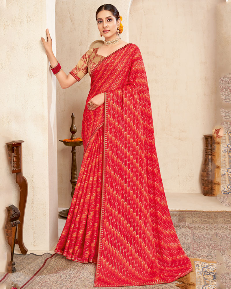 Vishal Prints Ferrari Red Printed Brasso Saree With Fancy Border