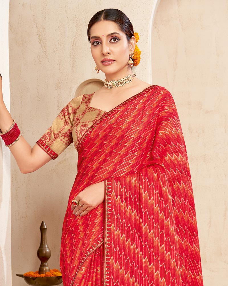 Vishal Prints Ferrari Red Printed Brasso Saree With Fancy Border