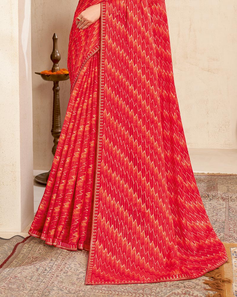 Vishal Prints Ferrari Red Printed Brasso Saree With Fancy Border