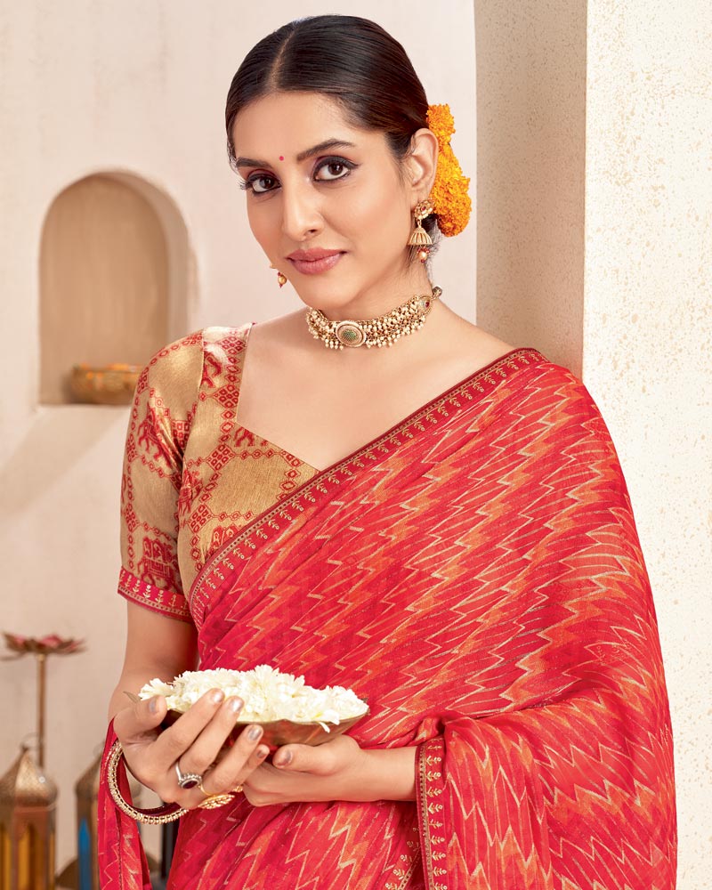 Vishal Prints Ferrari Red Printed Brasso Saree With Fancy Border