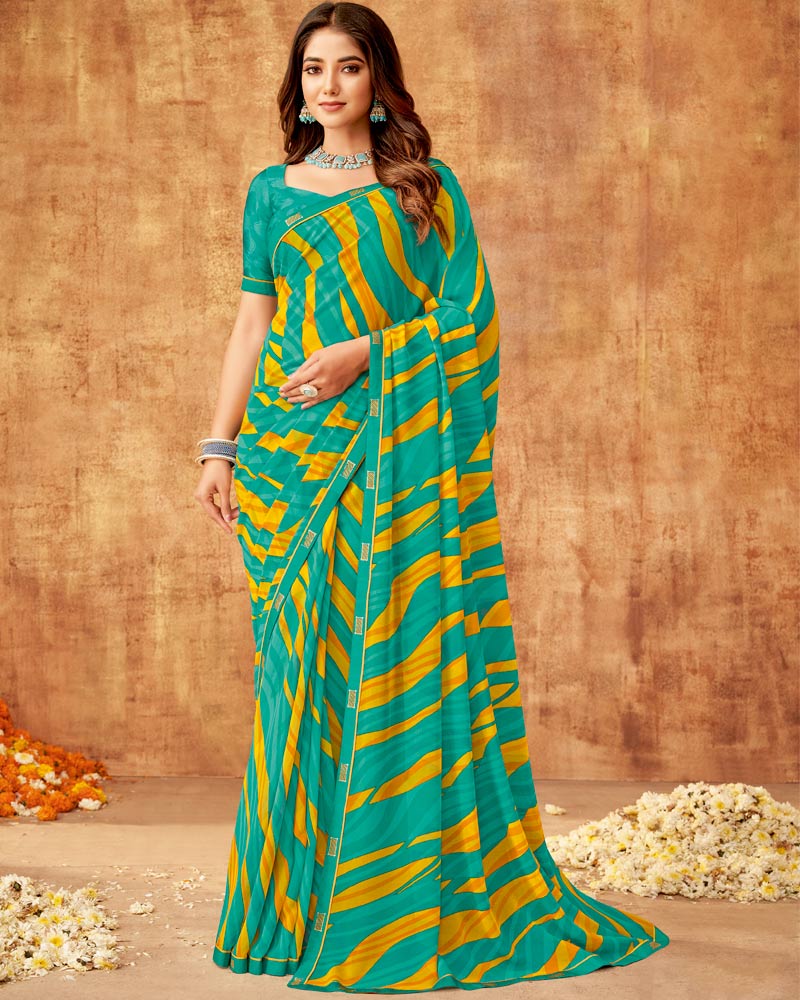 Vishal Prints Teal Green Printed Georgette Saree With Fancy Border