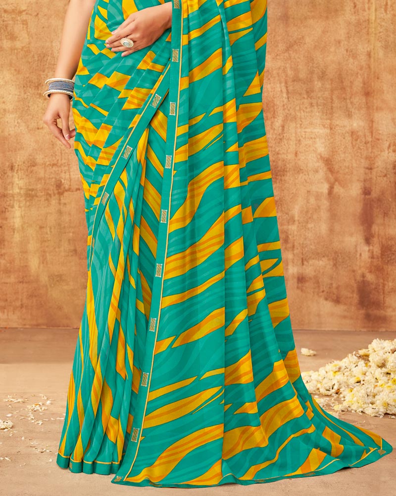 Vishal Prints Teal Green Printed Georgette Saree With Fancy Border