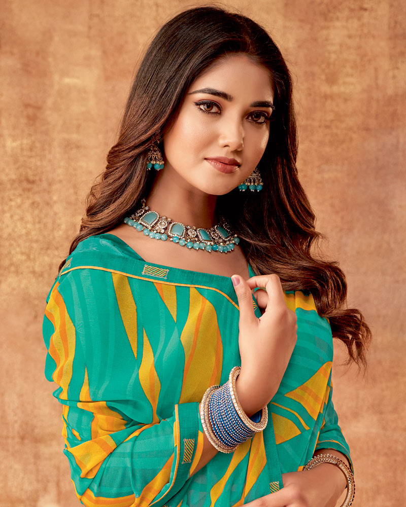 Vishal Prints Teal Green Printed Georgette Saree With Fancy Border
