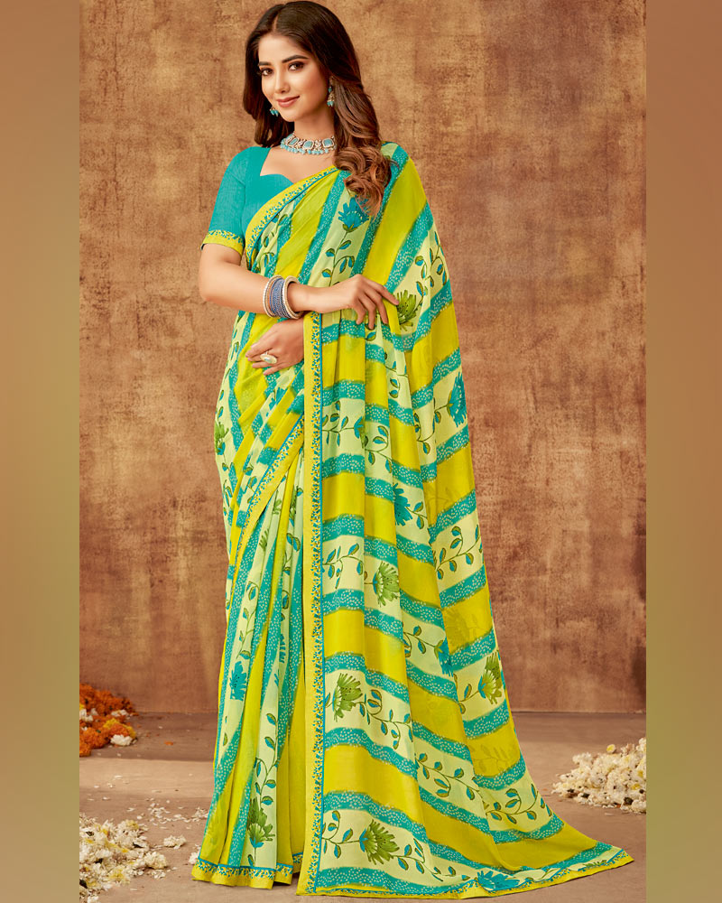 Vishal Prints Lemon Yellow Printed Georgette Saree With Fancy Border
