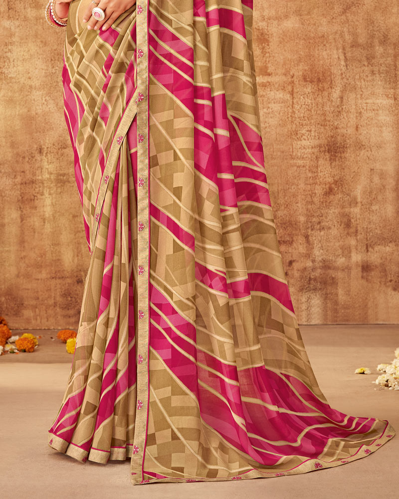Vishal Prints Dusty Brown And Bright Maroon Printed Georgette Saree With Fancy Border