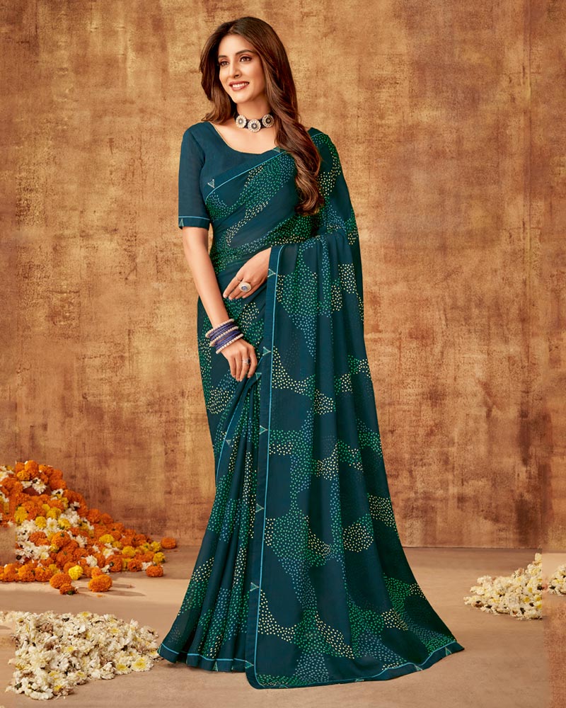Vishal Prints Dark Navy Blue Printed Chiffon Saree With Fancy Border