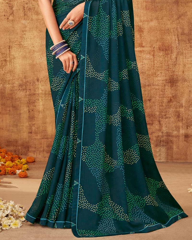 Vishal Prints Dark Navy Blue Printed Chiffon Saree With Fancy Border