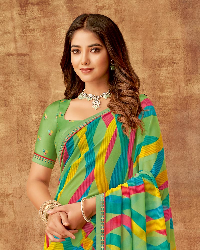 Vishal Prints Olivine Green Printed Georgette Saree With Fancy Border