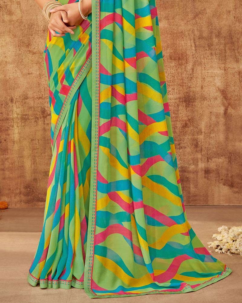 Vishal Prints Olivine Green Printed Georgette Saree With Fancy Border