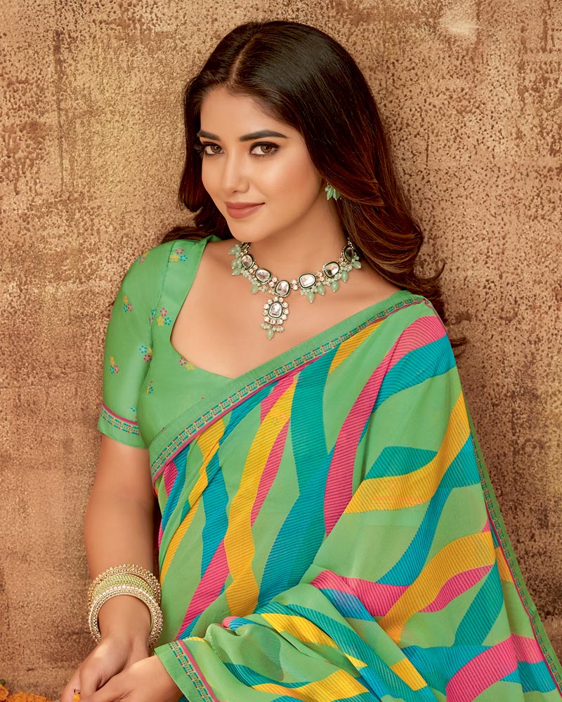 Vishal Prints Olivine Green Printed Georgette Saree With Fancy Border